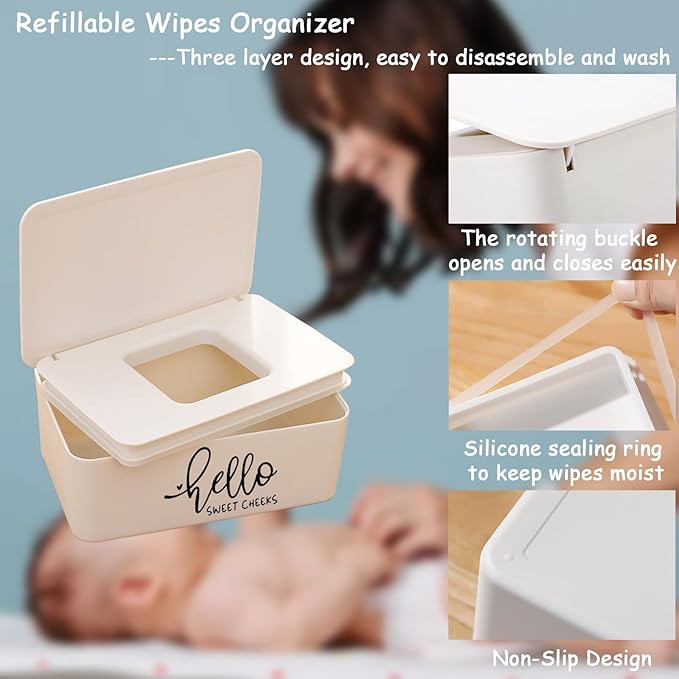 Hello Sweet Cheeks Baby Wipes Dispenser Rustic Farmhouse Bathroom Decor 7.28" L x 4.80" W x 2.75" H Flushable Wipes Container Holder with Sealing Design Lid Easy to Refill (White)