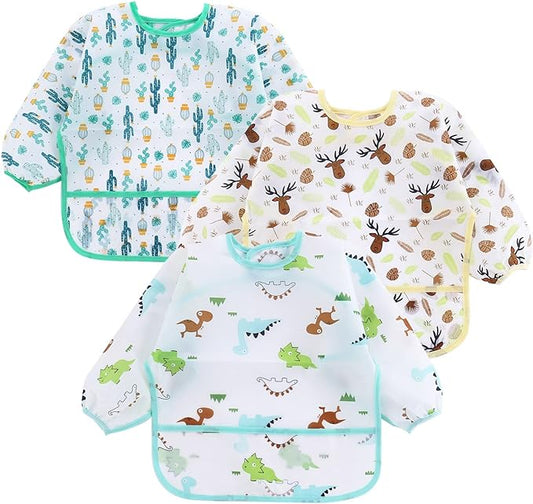 PandaEar (3 Pack Long Sleeve Bibs| Waterproof Full Sleeve Bib for Baby Infant Toddler 6-36 Months