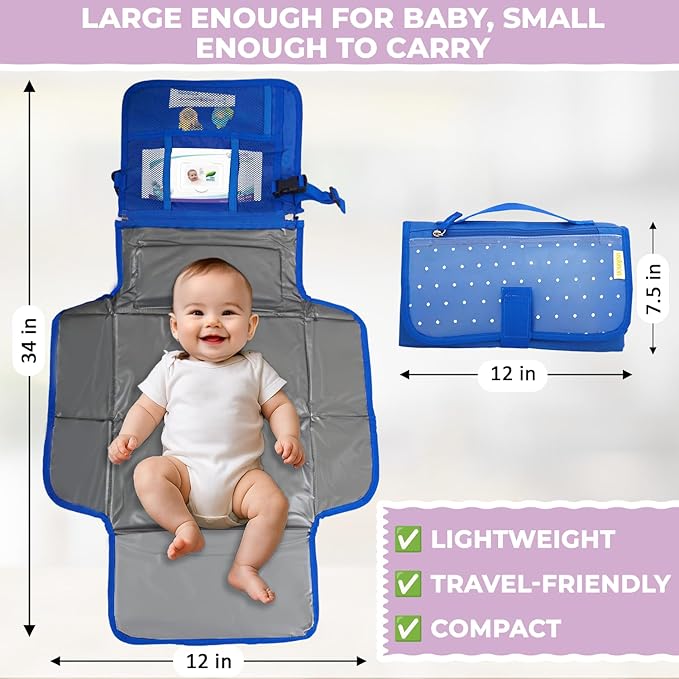 Portable Diaper Changing Mat, Fits Most Changing Tables, One-Hand Hook-and-Loop Fasteners, Front Touchscreen-Friendly Pocket, Blue
