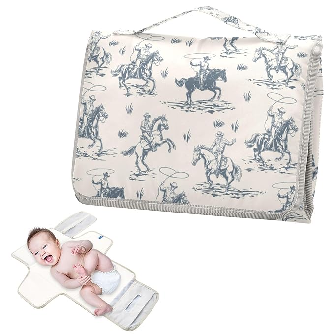 Cowboys Horse Western Portable Diaper Changing Pad with Wipes Holder, West Desert Foldable Baby Diaper Changer Travel Bag American Wild Baby Changing Mat with Built-in Pillow for Newborn
