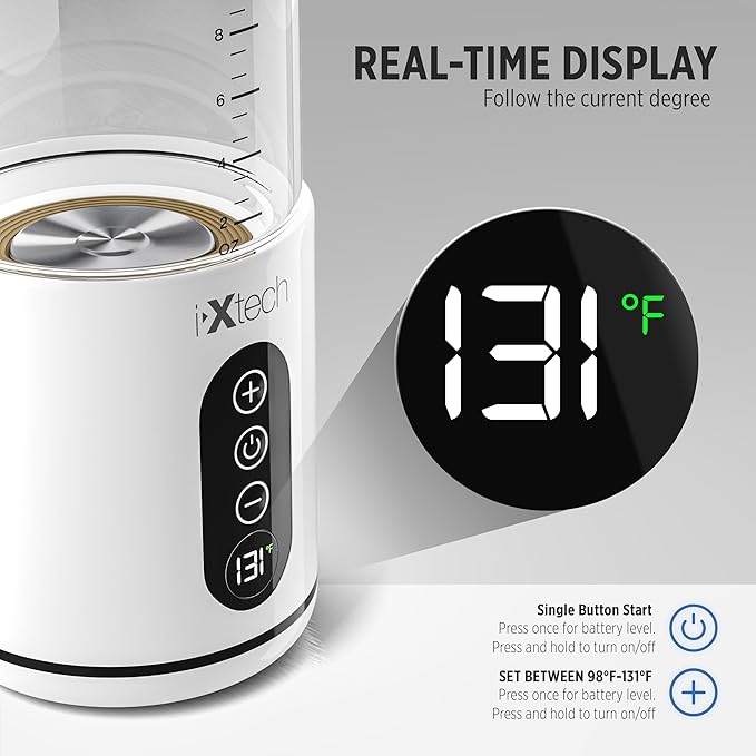 IXTECH Portable Water Warmer for Travel, Instant Breastmilk, Baby Formula, Water, Portable Bottle Warmer, 10., Ounces with Adjustable Temperature Control, Rechargeable and Wireless.