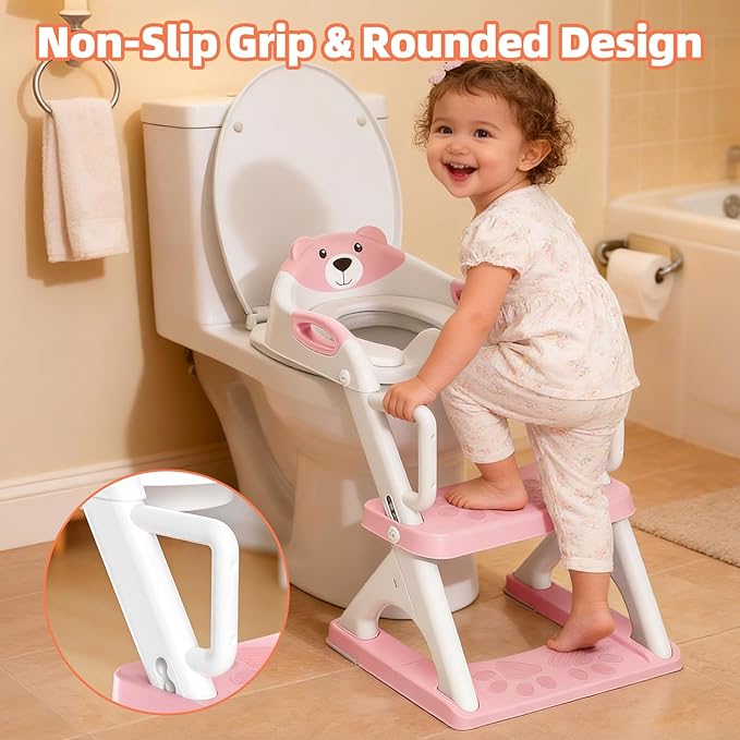 Potty Training Seat with Step Stool Ladder, Toddler Toilet Seat for Boys Girls, Adjustable 6 Heights Fits Round & Elongated Toilets, Anti-Slip Pads & Leak-Proof Guard, Pink