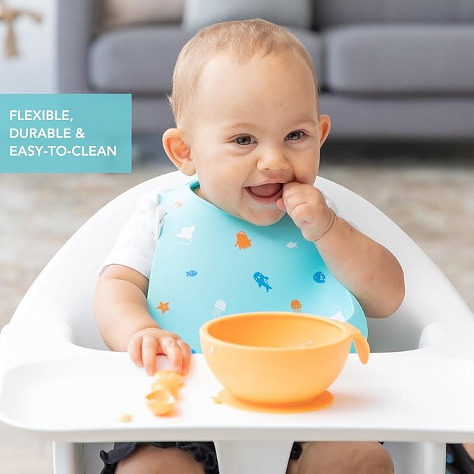 Bumkins Bibs, Silicone Pocket for Babies, Baby Bib for Girl or Boy, for 6-24 Months Up to Toddler, Essential Must Have for Eating, Feeding, Baby Led Weaning Supplies, Mess Saving, Ocean Life Blue
