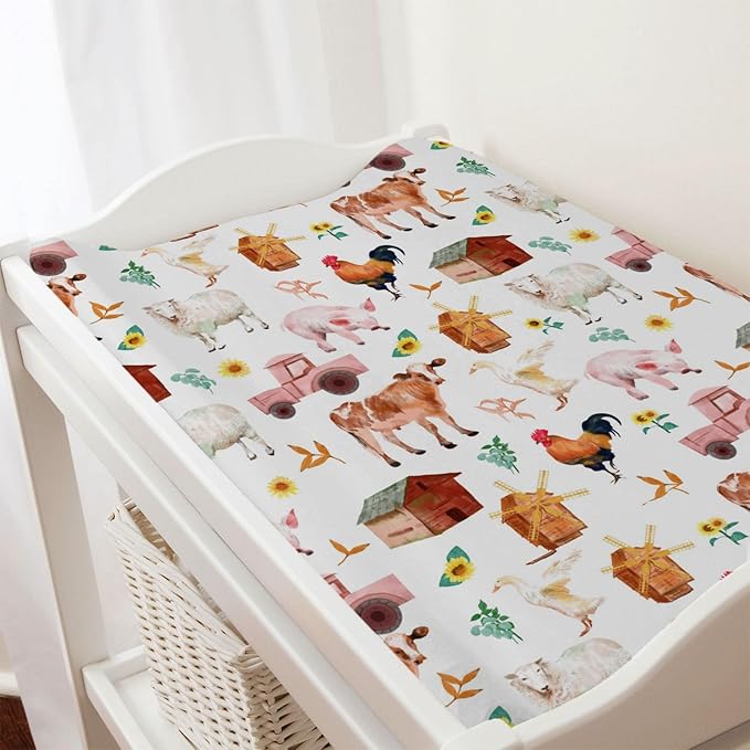 Watercolor Farm Animals Changing Pad Cover Barn Cow Lamb Chicken Pig Hen Duck Tractor Diaper Change Table Cover Sheets for Boys Girls Soft Stretchy Fitted Changing Mat Sheets
