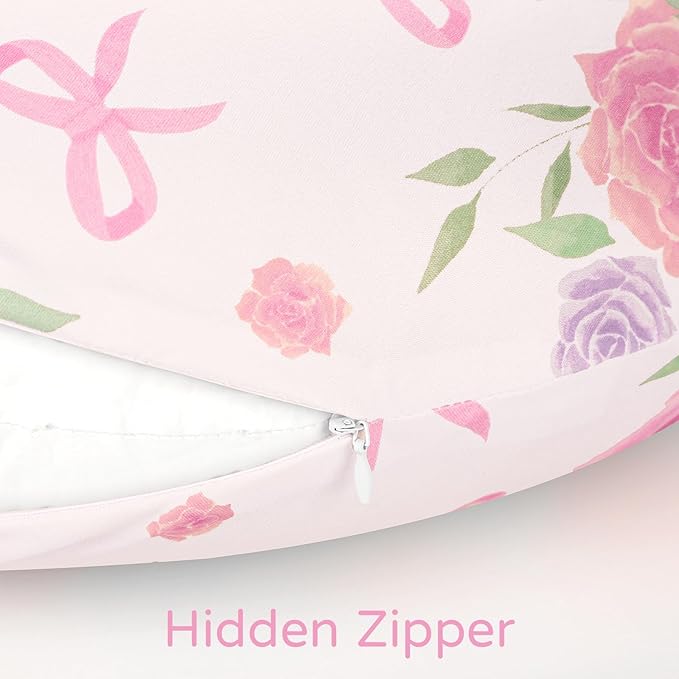 Nursing Pillow Cover, Floral Breastfeeding Pillow Cover for Baby Girls Boys, Soft Stretchy Nursing Pillowcase for Infant Newborn, Removable Slipcover for Nursing Pillows, Pink Rose(Only Cover)