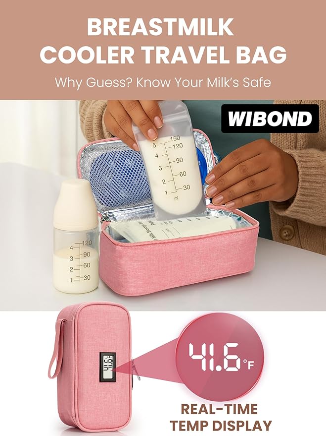 Breast Milk Cooler Travel Bag, Real-Time Temperature Display, Holds 4-6 Breastmilk Storage Bag with 2 Breast Milk Ice Pack, Cooling & Waterproof Portable Cooler for Moms on the Go(Pink)
