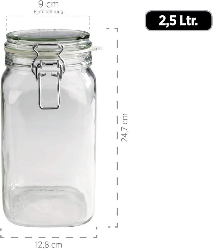 Mäser, Gothika Series, 6 x 2.5 litres Medium Storage Glasses with Swing Top, Gherkin Clip Top Glass Jars