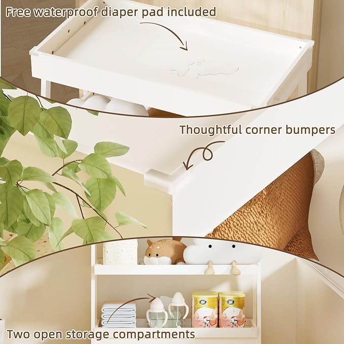 KORIMEFA Baby Changing Table with Two Open Shelves for Infant Daycare Essentials Storage - White with White Legs