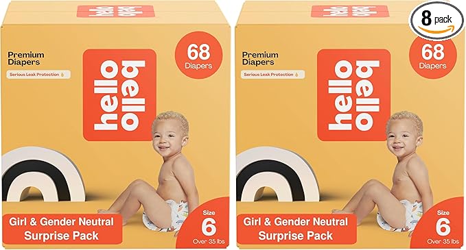 Hello Bello Premium Diapers, Size 6 (35+ lbs) Surprise Pack for Girls - 68 Count, Hypoallergenic with Soft, Cloth-Like Feel - Assorted Girl & Gender Neutral Patterns (Pack of 2)