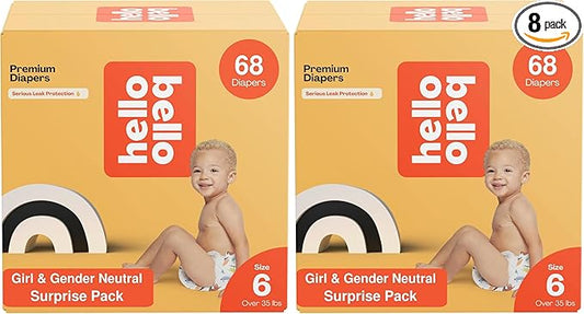 Hello Bello Premium Diapers, Size 6 (35+ lbs) Surprise Pack for Girls - 68 Count, Hypoallergenic with Soft, Cloth-Like Feel - Assorted Girl & Gender Neutral Patterns (Pack of 2)