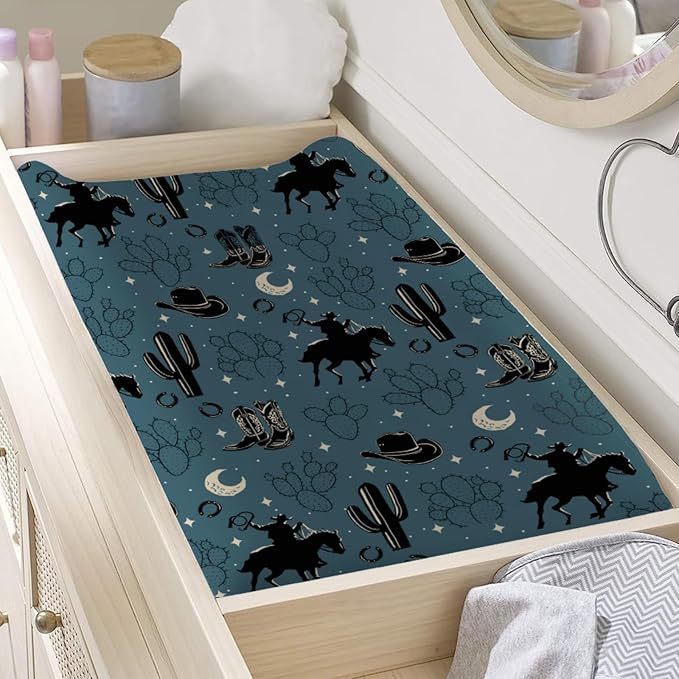 Vintage Western Cowboy Baby Changing Pad Covers Cowboy Horse Boots Hat Cactus Moon Baby Diaper Changing Table Sheets for Boys Wild Plants Soft Breathable Stretchy Nursery Change Table Mats 32''x16''