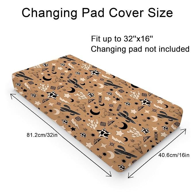 Vintage Western Cowboy Baby Changing Pad Covers Retro Cow Skull Cactus Sun Moon Stars Diaper Change Table Sheets for Girl Boy Wild Plants Soft Breathable Stretch Diaper Changing Pad Mats 32''x16''