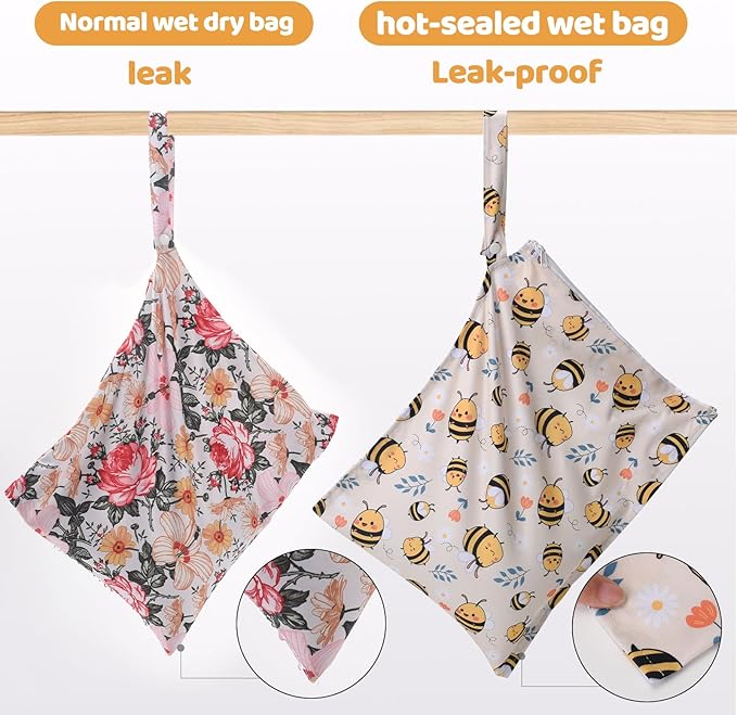 2pcs Baby Diaper Mess-proof Wet Bags,Waterproof Reusable Travel Storage Stroller Daycare Soiled Items Beach Pool Yoga Gym Bag for Wet Toddler Swimsuits -Bee,Elephant