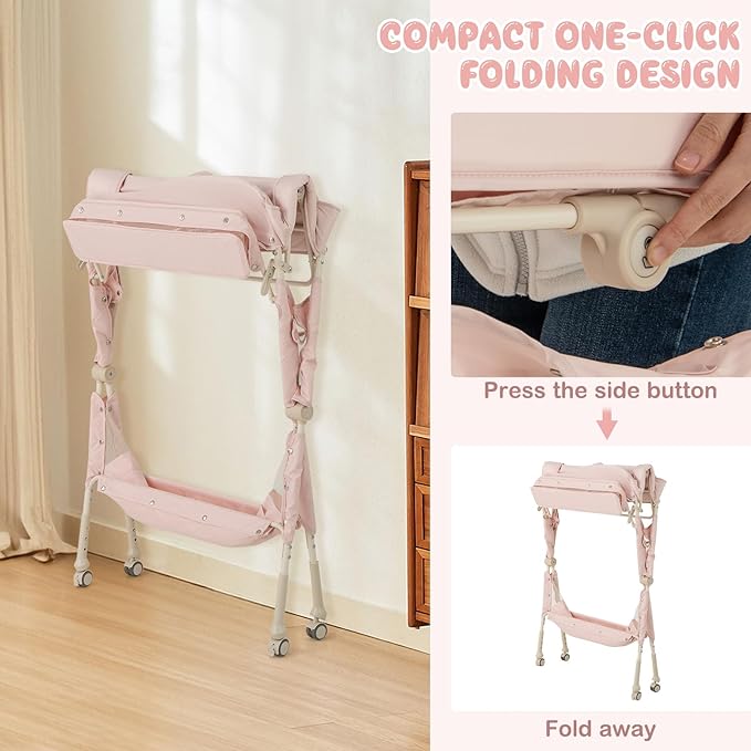 HONEY JOY Changing Table, Folding Mobile Diaper Nursery Organizer w/Wheel, 3 Adjustable Heights, Storage Bag & Open Shelf, Water Basin, Portable Baby Changing Station for Newborn Infant(Pink)
