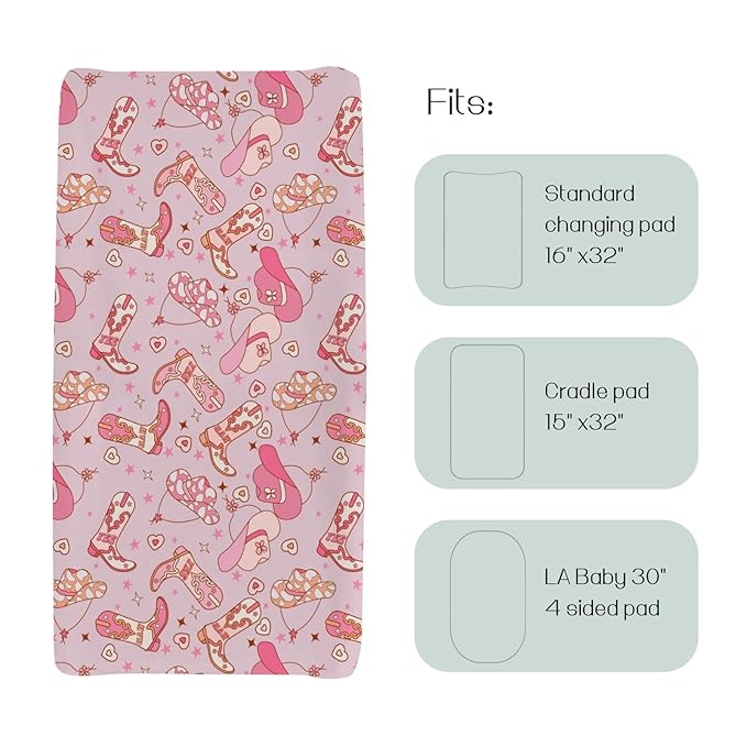 Western Cowgirl Yee Haw Hat Boots Changing Pad Cover for Baby Girls, Pink Cow Lover Star Wild West Diaper Change Table Covers, Soft Stretchy Safe Snug Fitted Changing Mat Sheets Fit 32