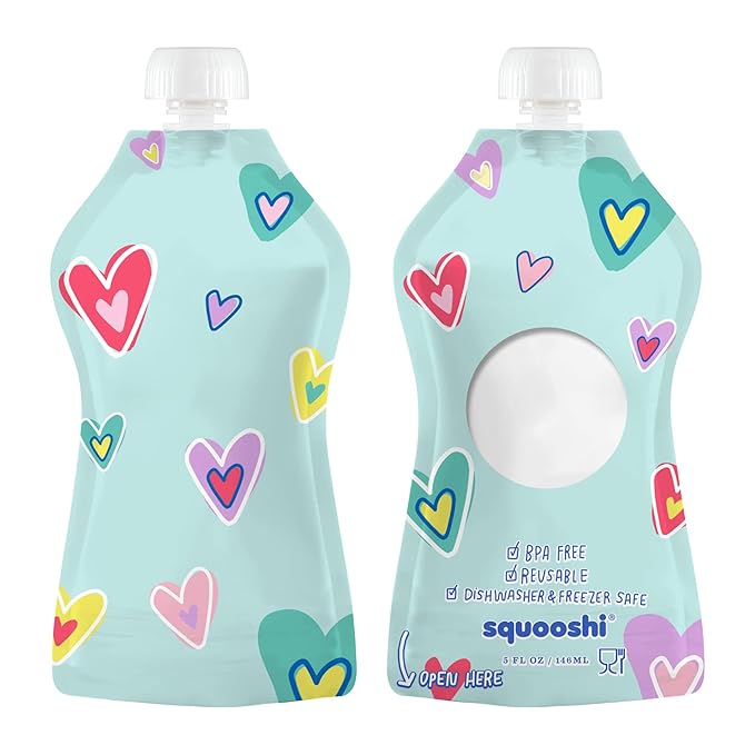 Squooshi Reusable Baby Food Pouches for Toddlers | BPA Free Plastic, Food Safe, Freezer Safe | Refillable for Applesauce Yogurt & Puree Squeeze Pouch | 12 Pack | 5 oz | Assorted Designs
