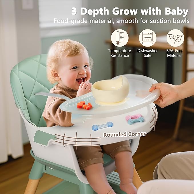 Kinder King 7 in 1 Baby High Chair for Babies and Toddlers with Large Storage Footrest, Booster Seat, Convertible Wooden High Chair with 3-Depth Double Dishwasher Safe Tray, 5 Point Harness, Green