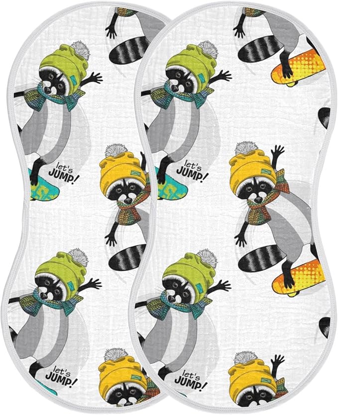 Raccoon and Skateboard Pattern Muslin Burp Cloths for Baby 2 Pack 100% Cotton Baby Washcloths Bibs for Boy Girl