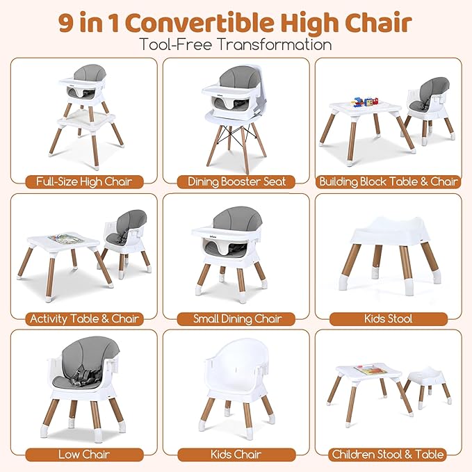 INFANS Baby High Chair, 9 in 1 Convertible Highchair for Babies and Toddlers, Building Block Table Dining Booster Seat Activity Desk Kids Stool with Adjustable Removable Tray (Light Grey)