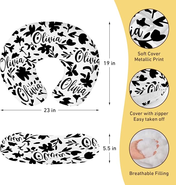 Customizable Flowers Baby Nursing Pillow Cover - Add Your Baby's Name, Ultra-Soft Stretch Fabric, Fits Standard Nursing Pillows, Ideal for Baby Showers Style 18