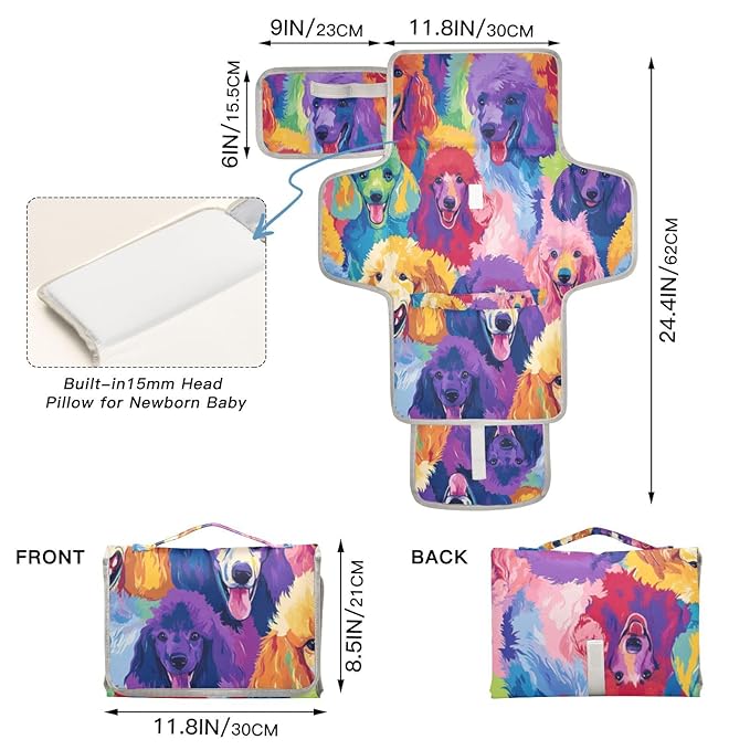 Portable Diaper Changing Pad Travel Baby Changing Mat Waterproof Diaper Changing Mat Foldable Lightweight Baby Changer with Built-in Pillow Vibrant and Colorful Poodle