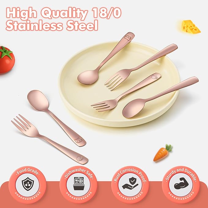 DRKIO Stainless Steel Toddler Utensils Set - 12 Pieces Kids Silverware Set Children Safe Food Grade Small Forks and Spoons Dishwasher Safe Mirror Polished