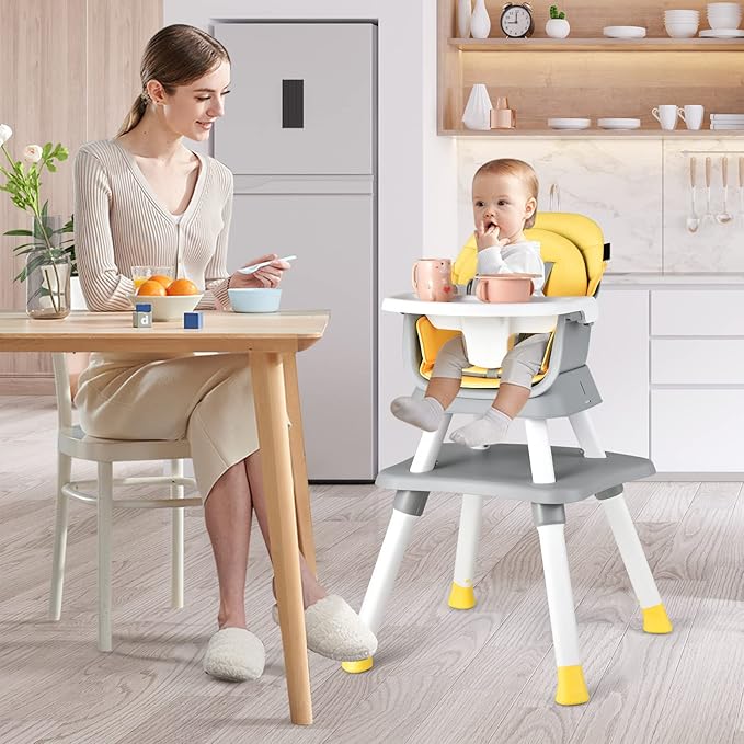 HOMGX Baby High Chair, 8-in-1 Convertible High Chair w/Removable Tray & Safety Harness, Infant Dining Booster Seat, Building Block Table & Chair Set, Highchair for Babies and Toddlers (Yellow)
