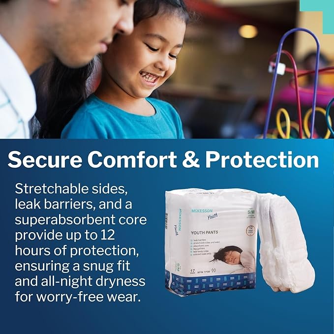 McKesson Youth Training Pants, Overnight Disposable Pull Up Diapers, Absorbent 12 Hour Leak Protection with Leg Gathers and Tear-Away Sides, for Boys or Girls (White, 1198054CSdisc, 68, Count)
