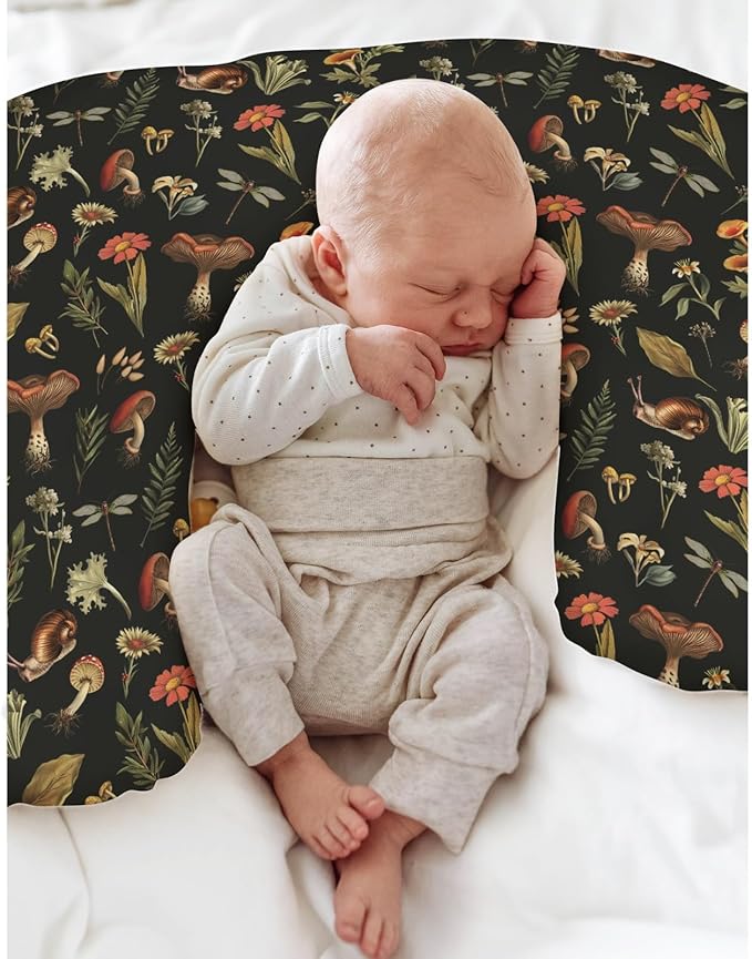 Vintage Mushroom Life Baby Nursing Pillow Covers for Boy Girl Retro Mushroom Leaves Floral Nursery Pillowcase for Breastfeeding Pillows Plant Soft Stretchy Slipcovers for Newborn Infant