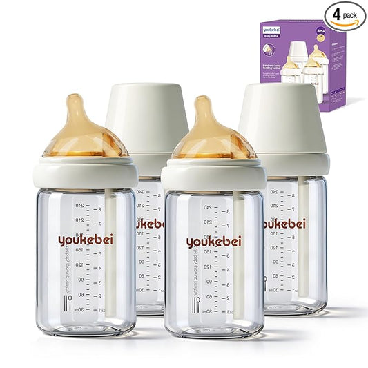 Natural Glass Baby Bottle 8 oz for Breastfed Babies, Anti-Colic Baby Bottle Set with Medium Flow Nipple(M), 3 Months +, 4 Pack