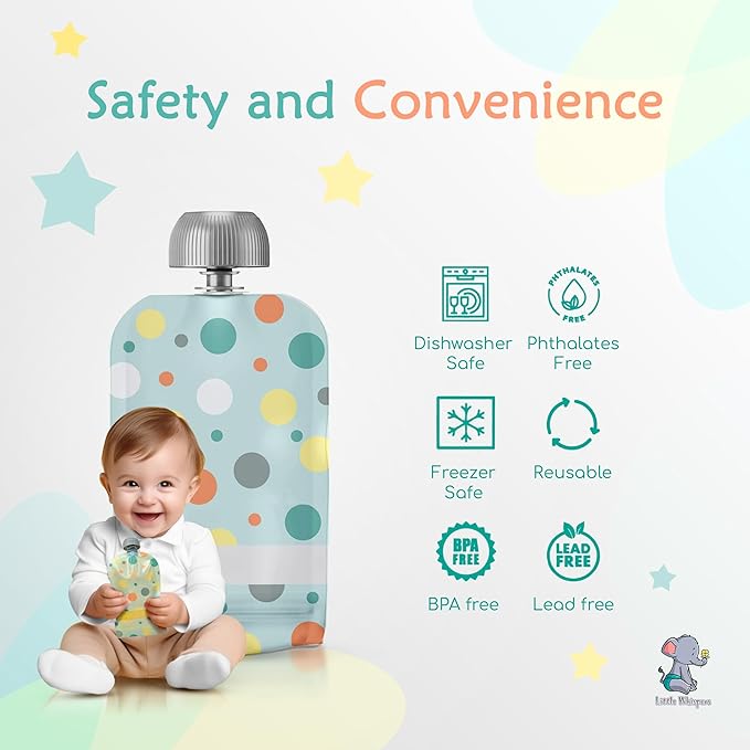 LittleWhispers Reusable Baby Food Pouches - Refillable with Applesauce, Yogurt, Fruit Puree, Smoothie - 10 Pack - Toddler & Kids Squeeze Pouch
