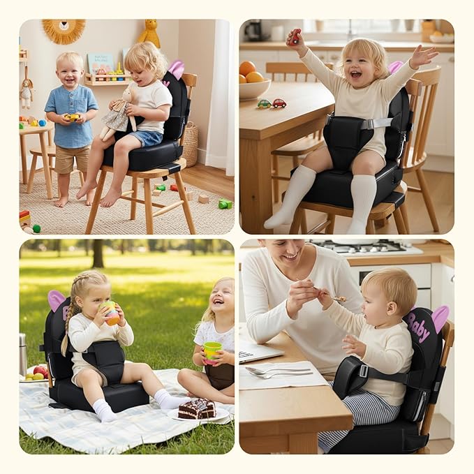Booster Seat for Dining Table, Toddler Booster Seat for Dining Table, Kids Boys Girls Portable PU Waterproof Travel Baby Boosters Increasing Cushion with Backrest and Adjustable Strap (Black, Onesize)
