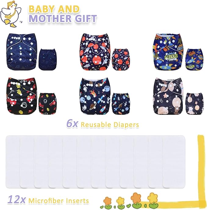 TDIAPERS Cloth Diapers Reusable Washable Pocket Diapers Cover One Size Adjustable for Baby 6 Pack with 12 Inserts