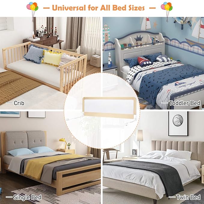 Costzon Bed Rail for Toddlers, 2 PCS Extra Long Swing Down Safety Bed Guards w/Straps for Convertible Crib, Kids Twin, Double, Full Size, Queen & King Bed, Folding Bed Rails for Baby (59-Inch, Beige)
