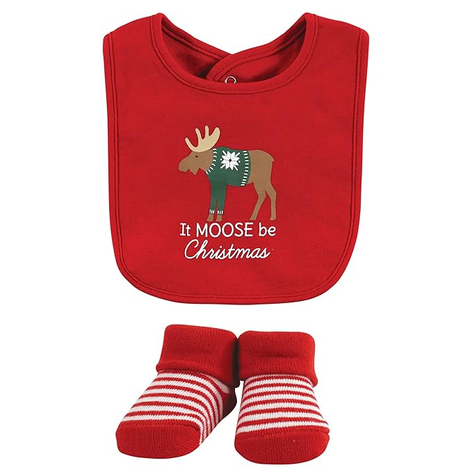 Hudson Baby Unisex Baby Cotton Bib and Sock Set, Moose Be Christmas, One Size