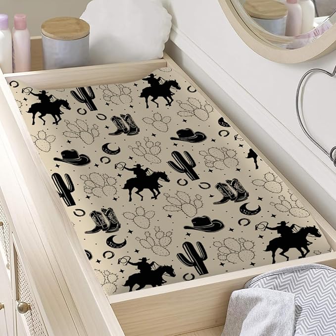 Vintage Western Cowboy Baby Changing Pad Covers Cowboy Horse Boots Hat Cactus Moon Baby Diaper Changing Table Sheets for Boys Wild Plants Soft Breathable Stretchy Nursery Change Table Mats 32''x16''
