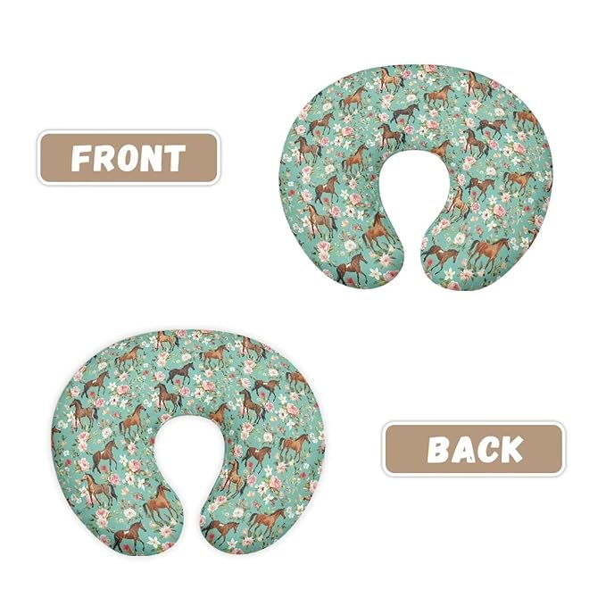 Flower Horse Nursing Pillow Cover for Girl Boy Breastfeeding Pillow Slipcovers Stretchable Newborn U-Shaped Breastfeeding Pillowcase Cushion Covers Vintage Green