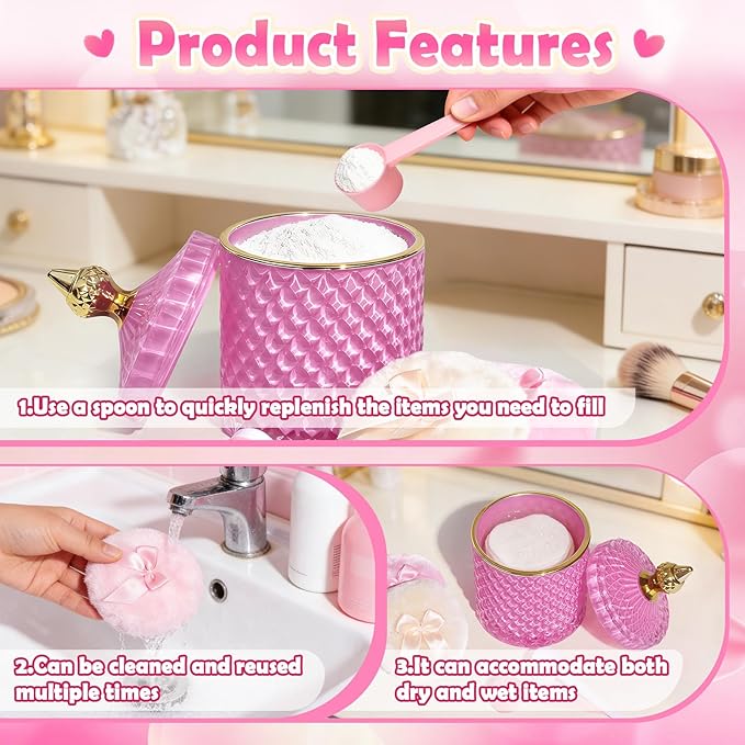 5 Pcs Body Powder Puff Set, 21oz Pink Glass Powder Container with Lid, Soft Powder Puffs & Spoons, Washable Refillable Dusting Jar for Body Powder, Talcum, Makeup
