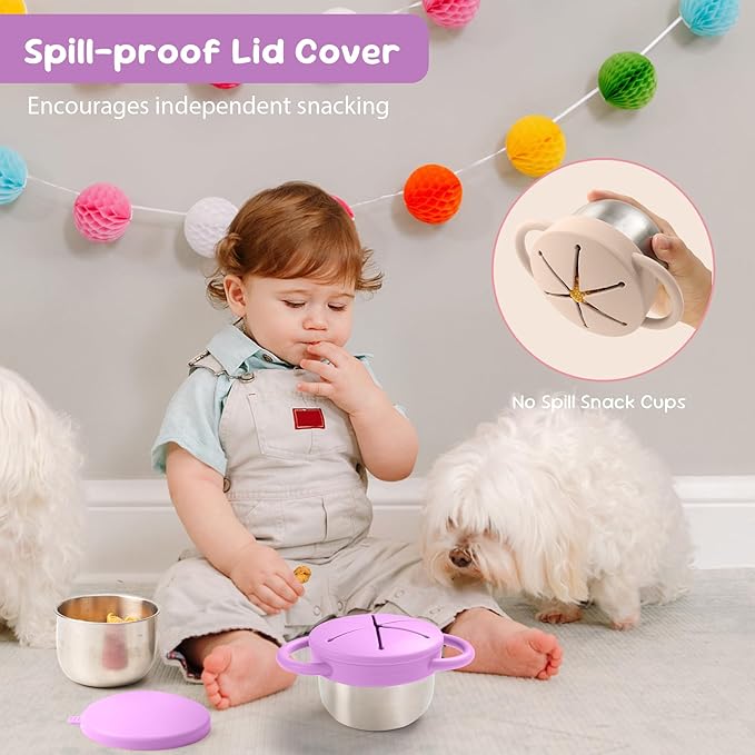 Bufilea 2 Pack Snack Containers for Toddlers, Stainless Steel Toddler Snack Cups with Silicone Food Catcher & Lids,Snack Cups for toddlers Spill Proof