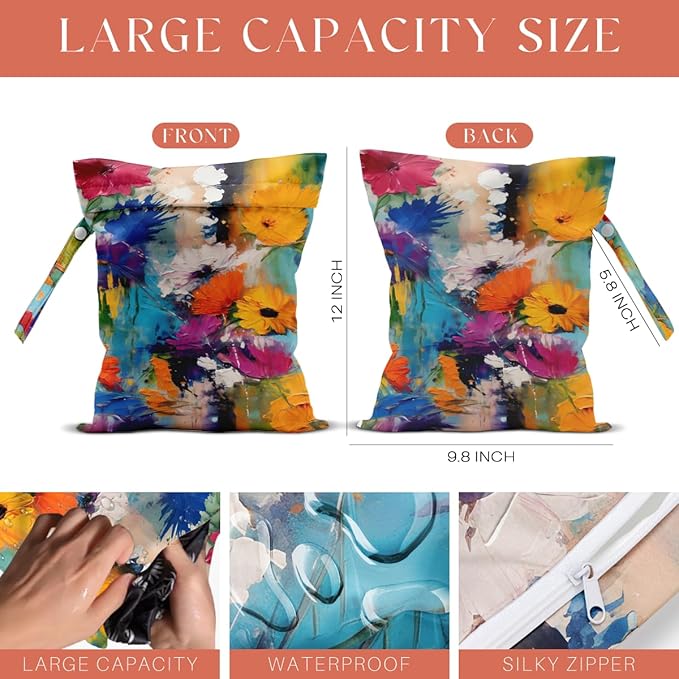 4 Pack Cute Wet Bag Waterproof Reusable Wet Dry Bag for Swimsuit Dirty Clothes Diaper Travel Beach Pool Gym Birthday Christmas Toiletries Beach Essentials，Colorful Wildflowers Bouquet Flower Decor