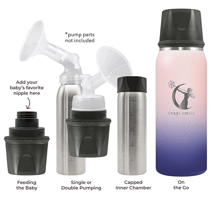 CERES CHILL OG Breastmilk Chiller, Reusable Storage Container, Up to 34 oz. - Bottle Cooler Keeps Milk at Safe Temperatures for Up to 20 Hours, Connects w/Most Pumps (Mombré Blue & Pink)