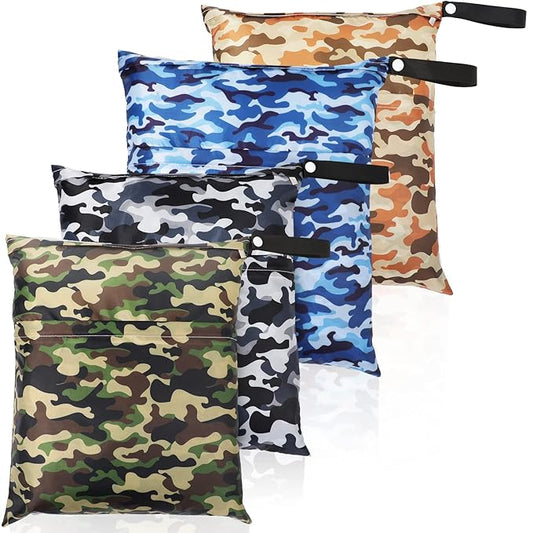 Frienda 4 Pieces Cloth Diaper Wet Dry Bag, Waterproof Reusable Washable Bag for Baby Items and Travel Zippered Pockets with Handle, Beach, Swimsuit, Dirty Gym Clothes and Toiletries(Camouflage)