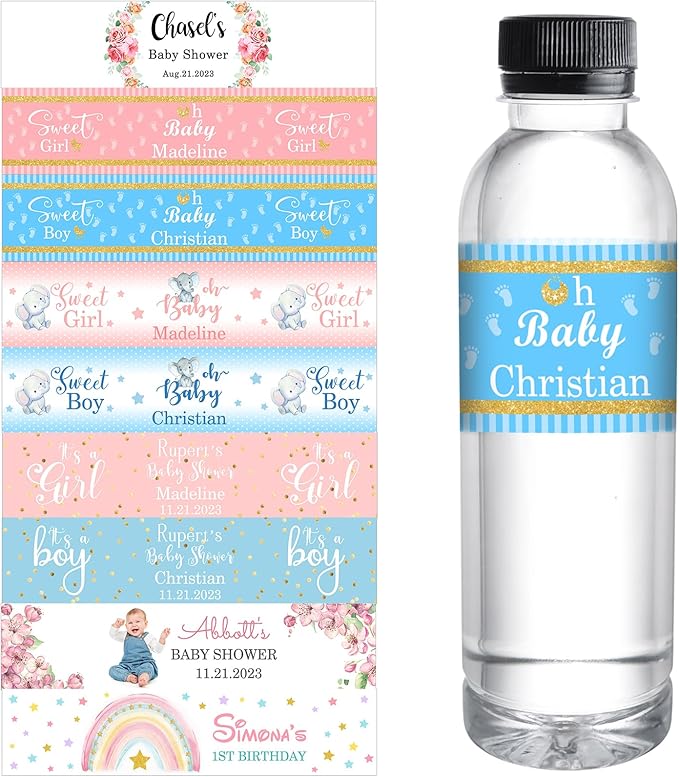 Personalized Water Bottle Labels for Baby Shower Custom Baby Shower Labels with Name for Water Bottle Stickers Waterproof Printable Photo Bottle Labels Gifts 50 Pcs
