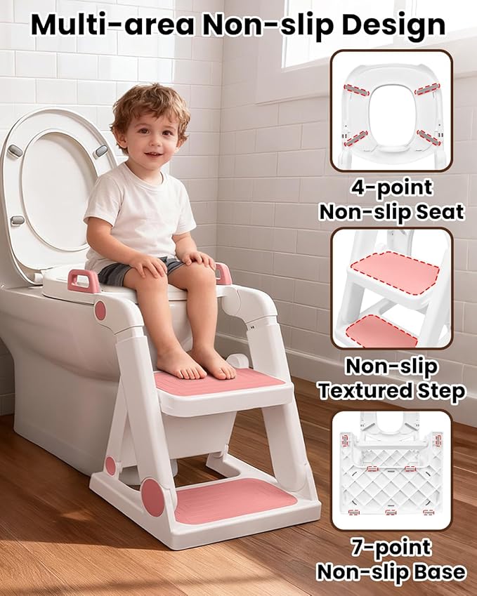 Potty Training Seat, Primlect Upgrade Toddler Toilet Seat for Kids Boys Girls, 2 in 1 Potty Training Toilet with Step Stool, Adjustable Seat, Non-Slip Pad, Splash Guard (Soft Pink)