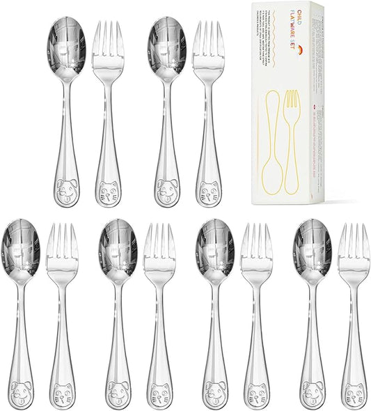 KINGSTONE Kids Silverware Set, 12-Piece Large Forks & Spoons, 18/10 Stainless Steel, Cat & Dog Print, Ergonomic Flatware for Self-Feeding Toddlers, Home & Travel