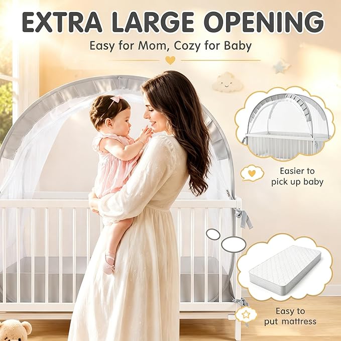 Lazyzzzz Crib Tent, Pop Up Mosquito Crib Net with Double Zipper Self-Locked,1200 Holes/Inch Mesh to Keep Baby from Climbing Out, Portable Easy Install Mosquito Net 55" L x 27" W x 51" H Grey