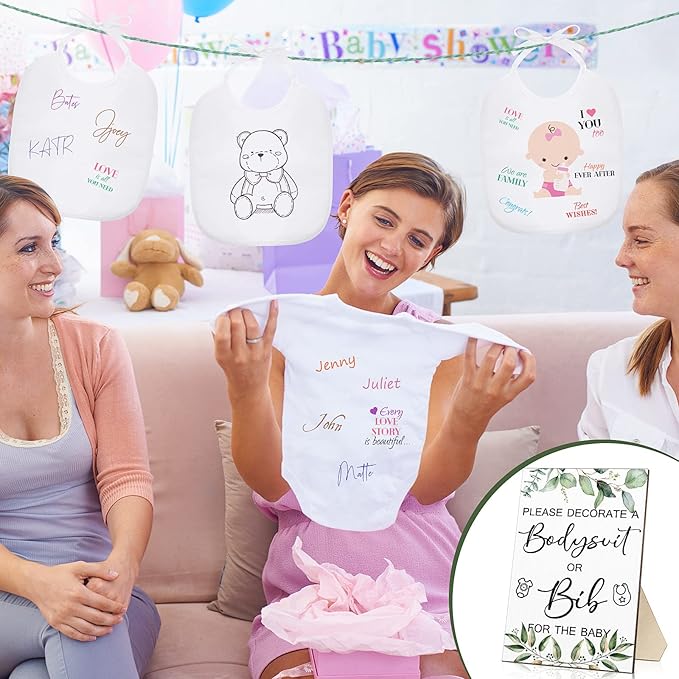 Roowest 35 Pcs Baby Shower Bibs Games Design Wooden Baby Shower Party Game Sign DIY Bodysuit Sign 15 White Blank Bibs 9 Bodysuit 10 Markers for Party Supplies(Greenery)