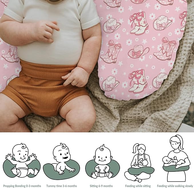 Pink Floral Bows Cowgirl Boots Hat Baby Nursing Pillow Covers for Girl Boho Western Cowgirls Stars Nursery Slipcover for Breastfeeding Pillows Country Soft Stretchy Removable Cover for Newborn Infant