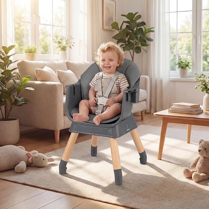 HONEY JOY 9-in-1 Baby High Chair, Convertible Wood Highchair for Babies and Toddlers/Dining Booster Seat/Table & Chair Set, Toddler Stool w/5-Point Safety Harness, Removable Cushion & Tray (Dark Gray)