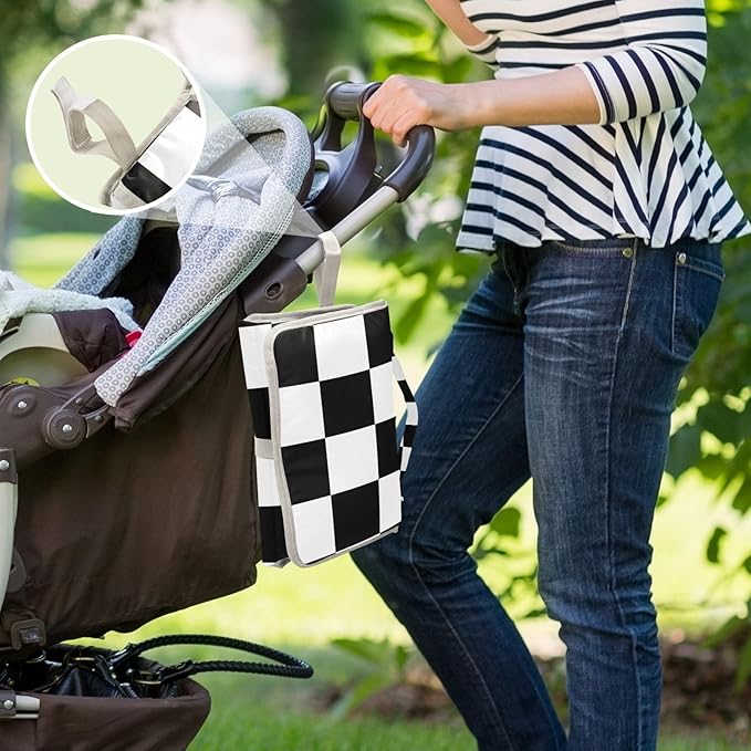 Portable Diaper Changing Pad Travel Baby Changing Mat Waterproof Diaper Changing Mat Foldable Lightweight Baby Changer with Built-in Pillow Checkered Black and White